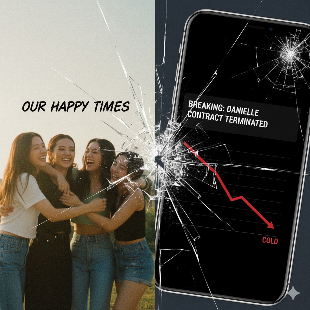 NewJeans Danielle contract termination and Hanni return news. Split image showing 90s nostalgia vs cold reality with Dongduk protest comparison.